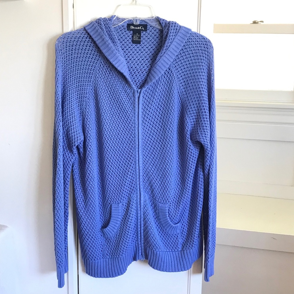 DENIM & CO. Cardigan Sweater Zip Front with Hood Blue Women’s Plus Size 1X